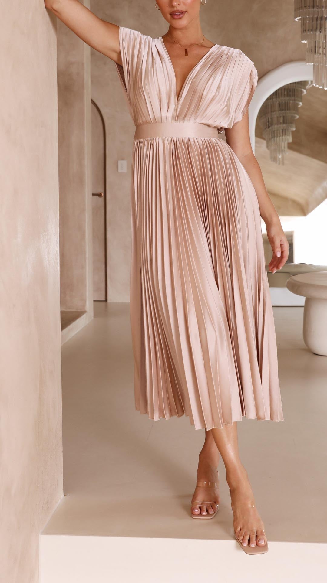 Deep V-Neck Pleated Cap-Shoulder Midi Wedding Guest Dress