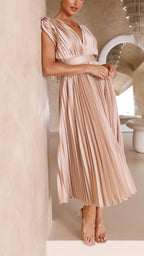 Deep V-Neck Pleated Cap-Shoulder Midi Wedding Guest Dress