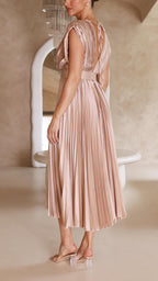 Deep V-Neck Pleated Cap-Shoulder Midi Wedding Guest Dress