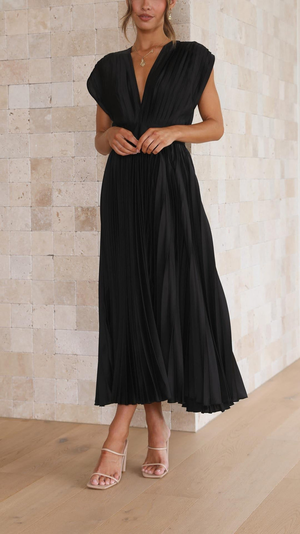 Deep V-Neck Pleated Cap-Shoulder Midi Wedding Guest Dress