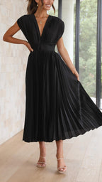 Deep V-Neck Pleated Cap-Shoulder Midi Wedding Guest Dress