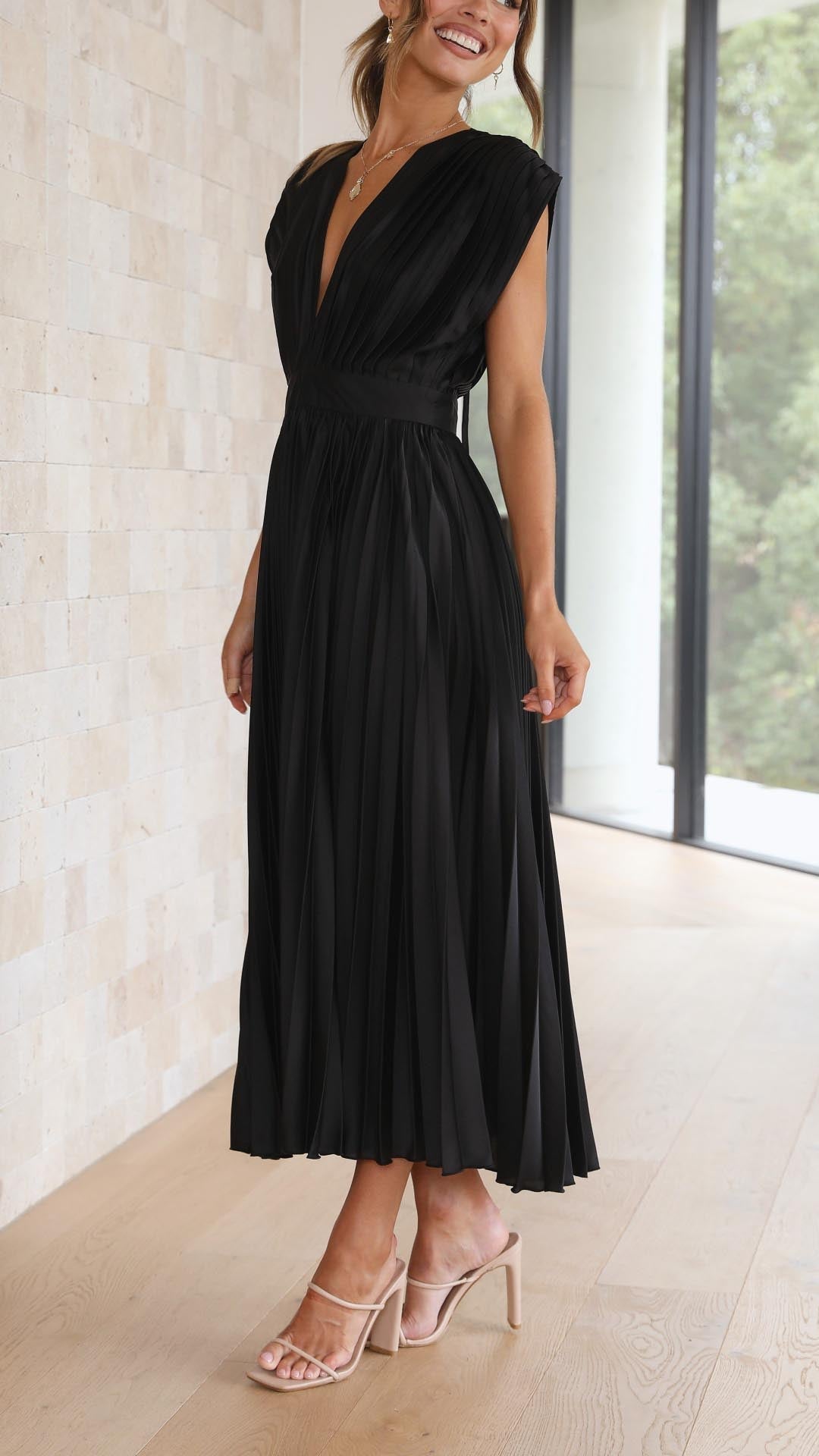 Deep V-Neck Pleated Cap-Shoulder Midi Wedding Guest Dress