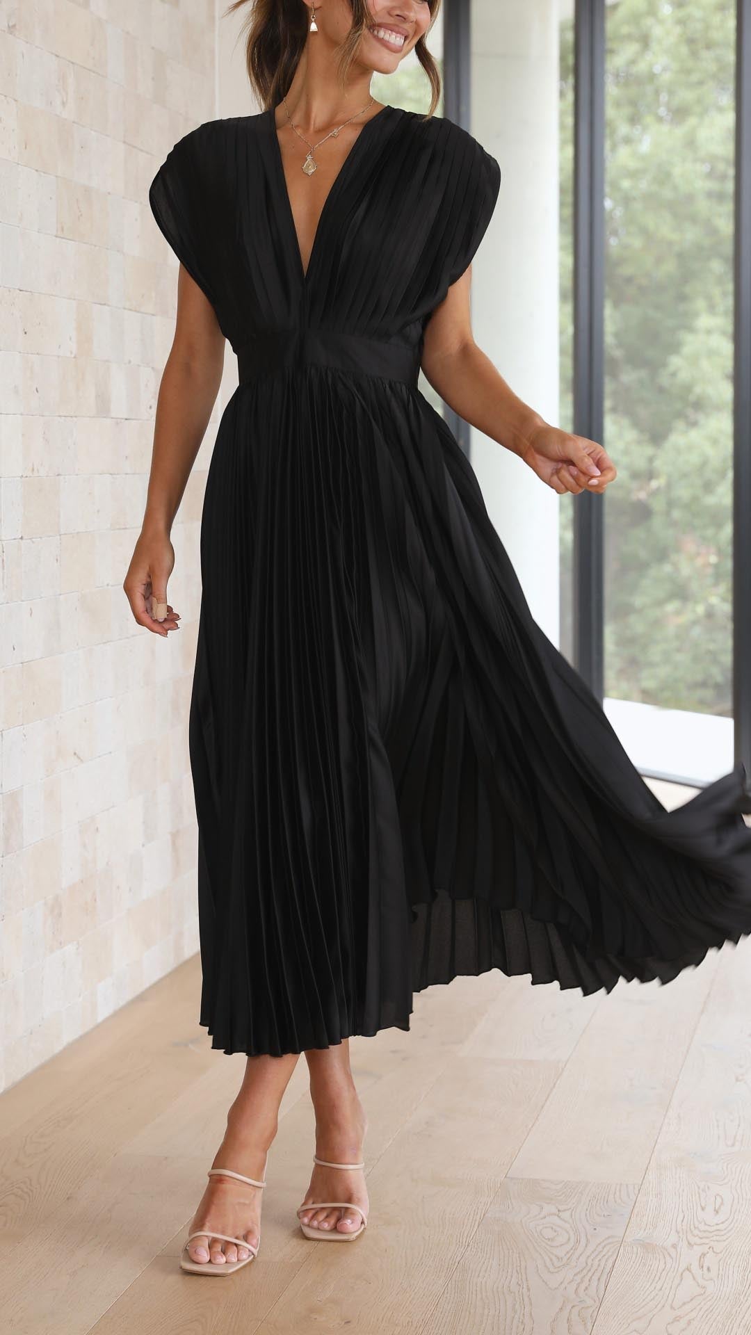 Deep V-Neck Pleated Cap-Shoulder Midi Wedding Guest Dress in Black