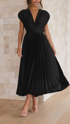 Deep V-Neck Pleated Cap-Shoulder Midi Wedding Guest Dress