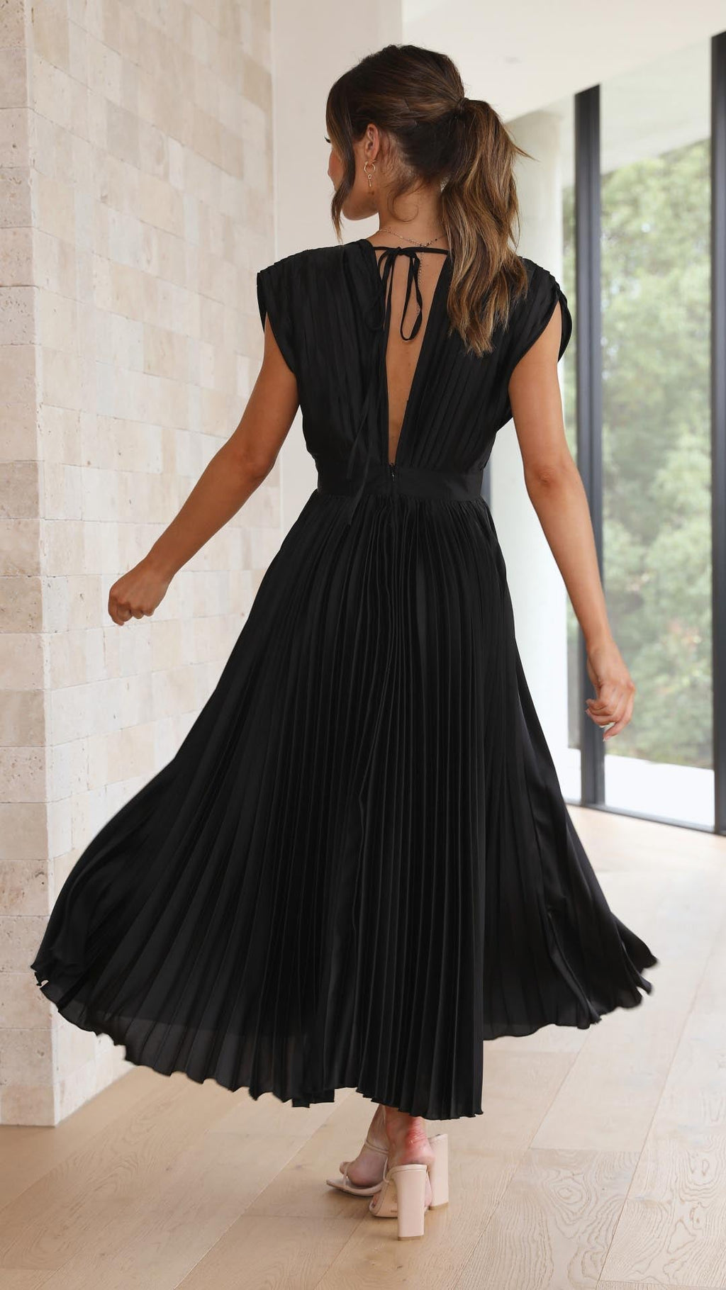 Deep V-Neck Pleated Cap-Shoulder Midi Wedding Guest Dress