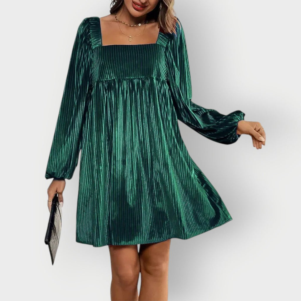 Pleated Velvet Square-Neck Balloon-Sleeve Mini Party Dress in Dark Gree