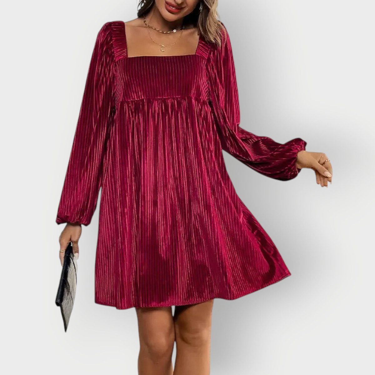 Pleated Velvet Square-Neck Balloon-Sleeve Mini Party Dress in Wine Red