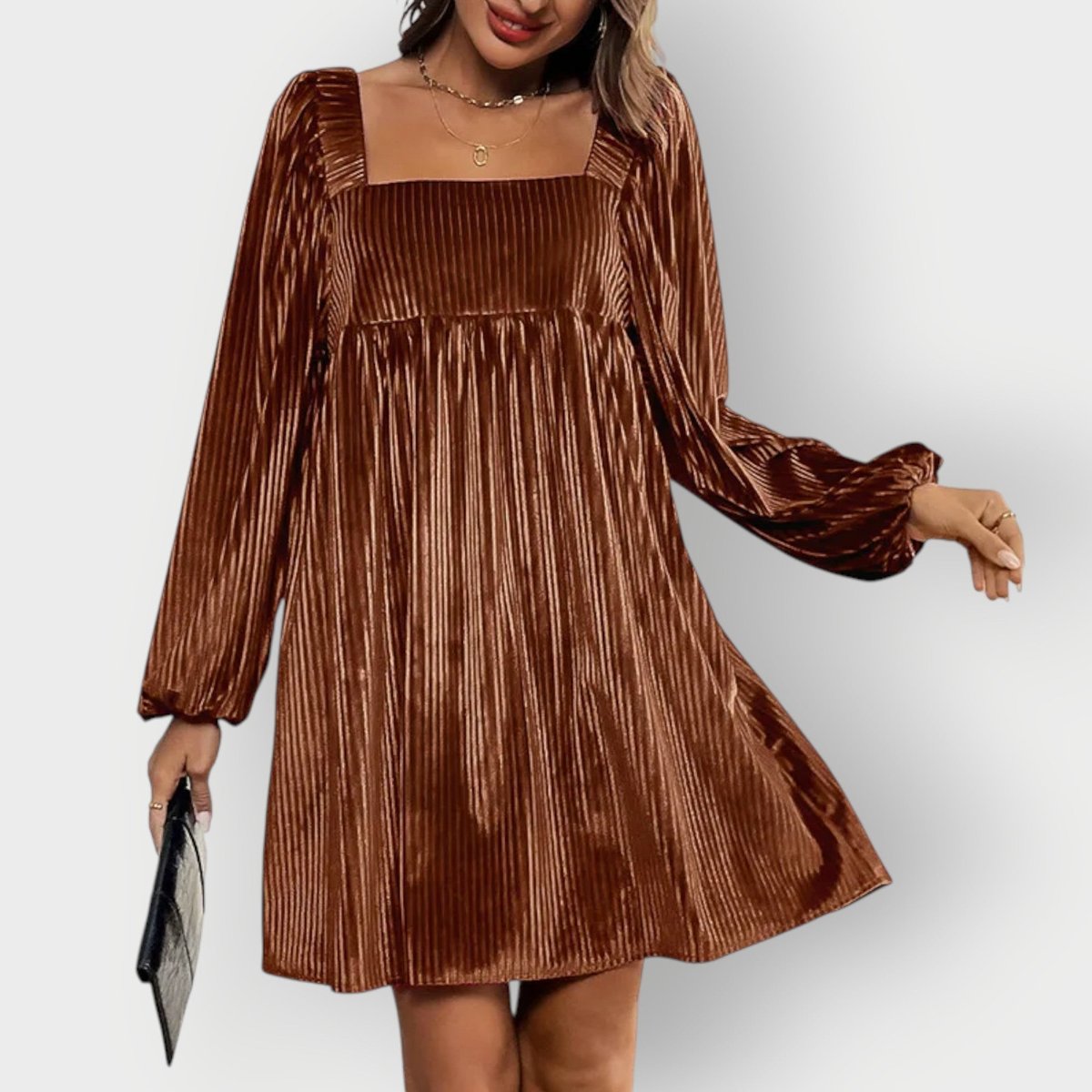 Pleated Velvet Square-Neck Balloon-Sleeve Mini Party Dress in Brow