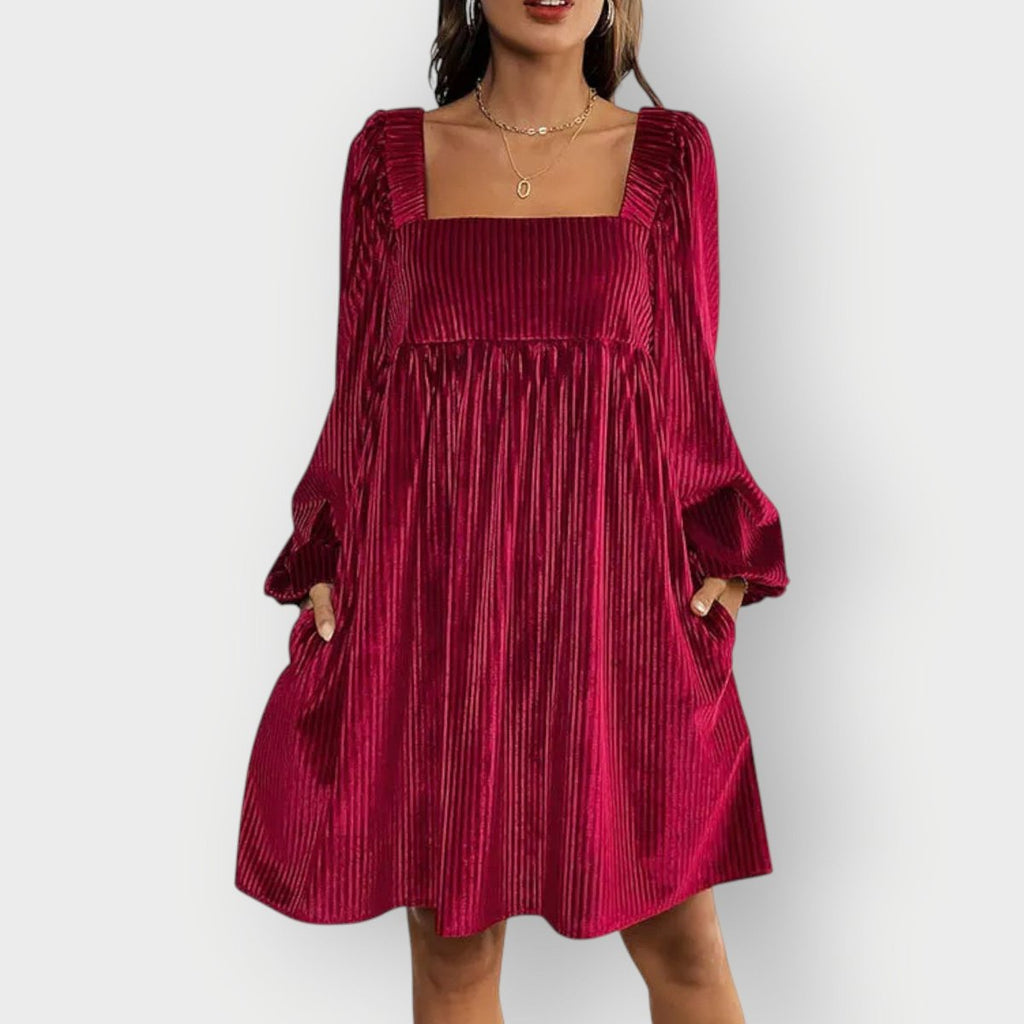 Pleated Velvet Square-Neck Balloon-Sleeve Mini Party Dress