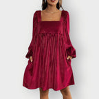 Pleated Velvet Square-Neck Balloon-Sleeve Mini Party Dress