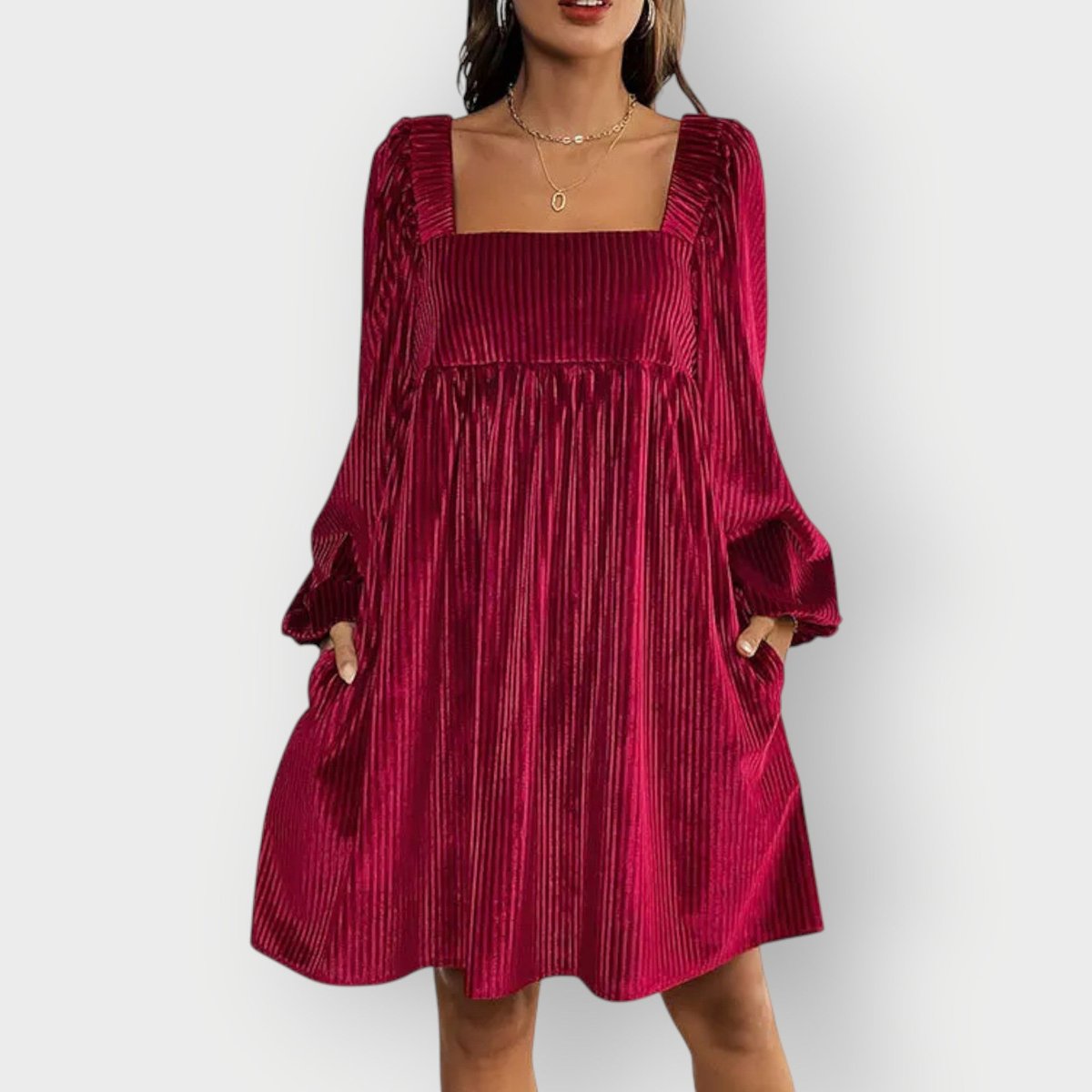 Pleated Velvet Square-Neck Balloon-Sleeve Mini Party Dress