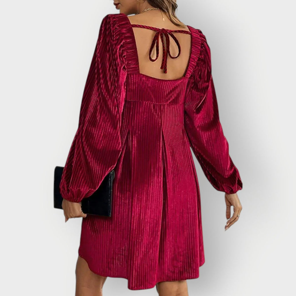 Pleated Velvet Square-Neck Balloon-Sleeve Mini Party Dress