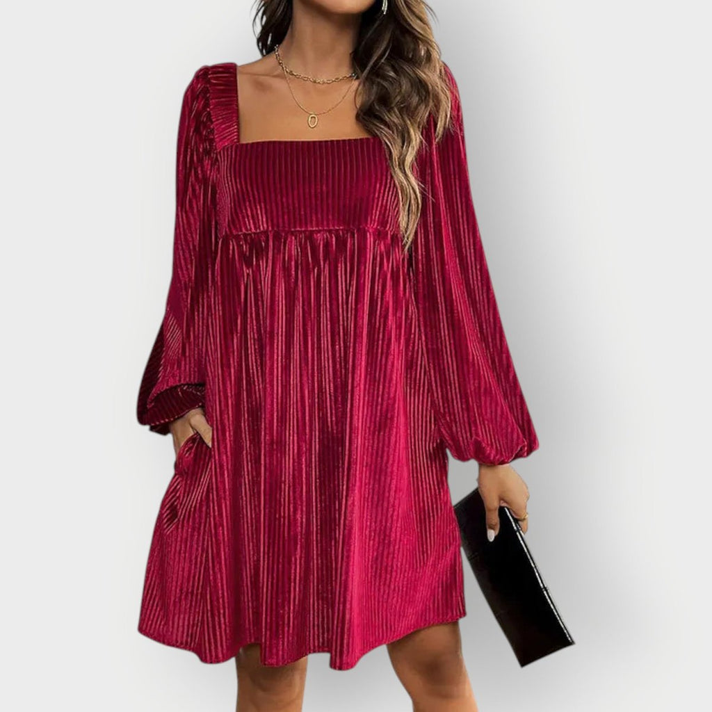 Pleated Velvet Square-Neck Balloon-Sleeve Mini Party Dress
