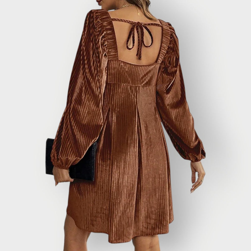 Pleated Velvet Square-Neck Balloon-Sleeve Mini Party Dress