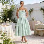 Sweetheart Jacquard Corset-Back Flared Midi Occasion Dress in Mint Gree