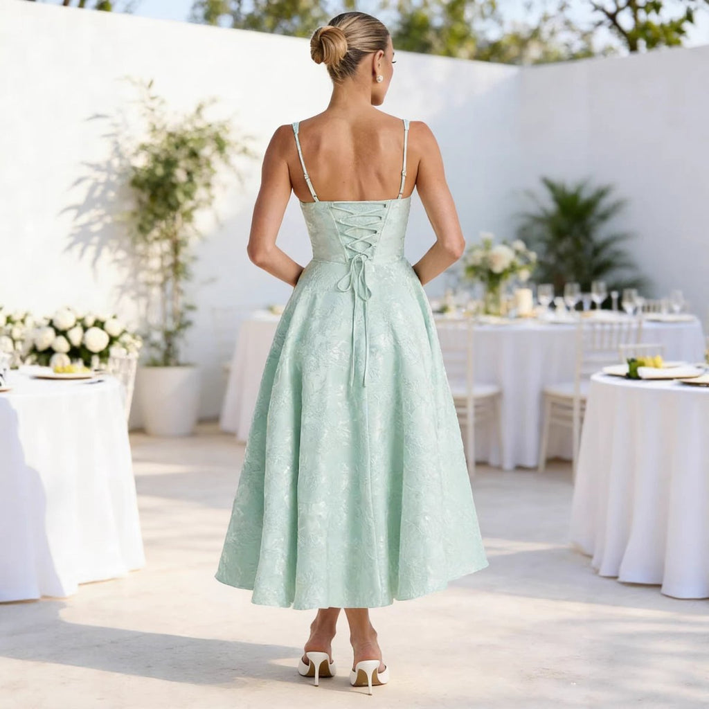Sweetheart Jacquard Corset-Back Flared Midi Occasion Dress