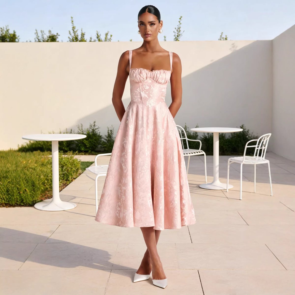 Sweetheart Jacquard Corset-Back Flared Midi Occasion Dress