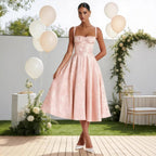 Sweetheart Jacquard Corset-Back Flared Midi Occasion Dress in Blush Pink