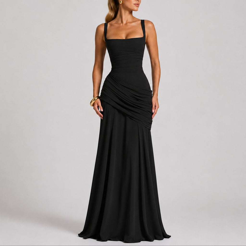 Square-Neck Ruched Cross-Back Maxi Wedding Guest Dress in Black