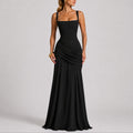 Square-Neck Ruched Cross-Back Maxi Wedding Guest Dress in Black