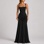 Square-Neck Ruched Cross-Back Maxi Wedding Guest Dress in Black