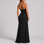 Square-Neck Ruched Cross-Back Maxi Wedding Guest Dress