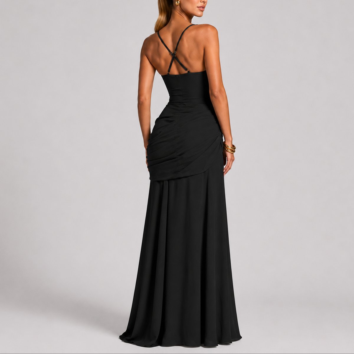 Square-Neck Ruched Cross-Back Maxi Wedding Guest Dress