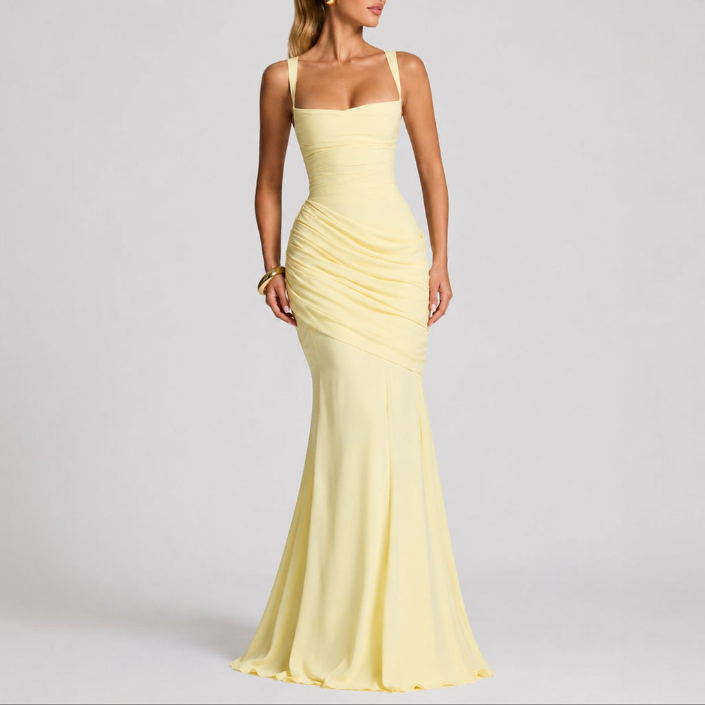 Square-Neck Ruched Cross-Back Maxi Wedding Guest Dress in Yellow