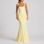 Square-Neck Ruched Cross-Back Maxi Wedding Guest Dress in Yellow
