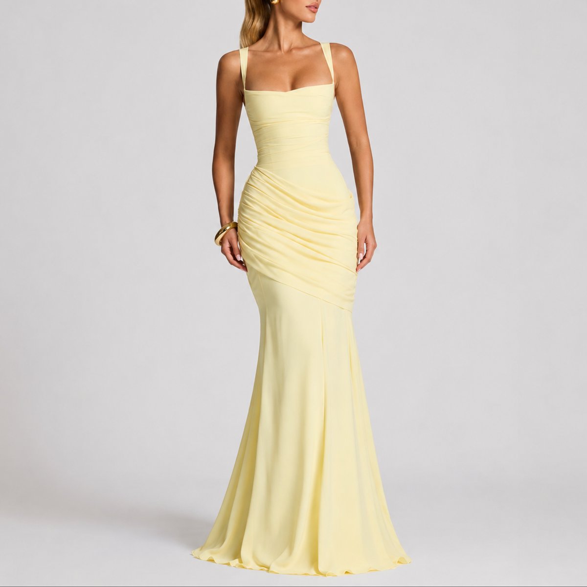 Square-Neck Ruched Cross-Back Maxi Wedding Guest Dress in Yellow