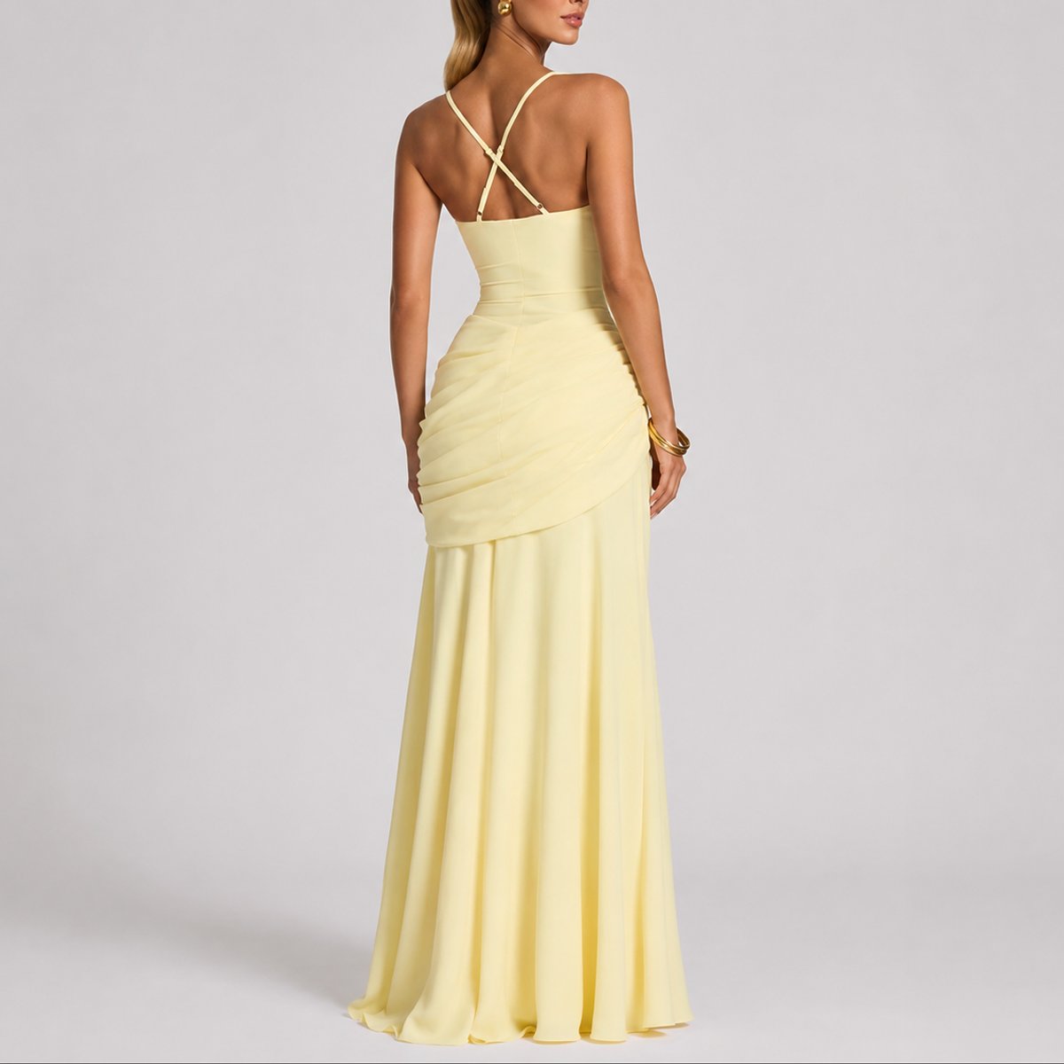 Square-Neck Ruched Cross-Back Maxi Wedding Guest Dress