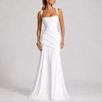 Square-Neck Ruched Cross-Back Maxi Wedding Guest Dress in White