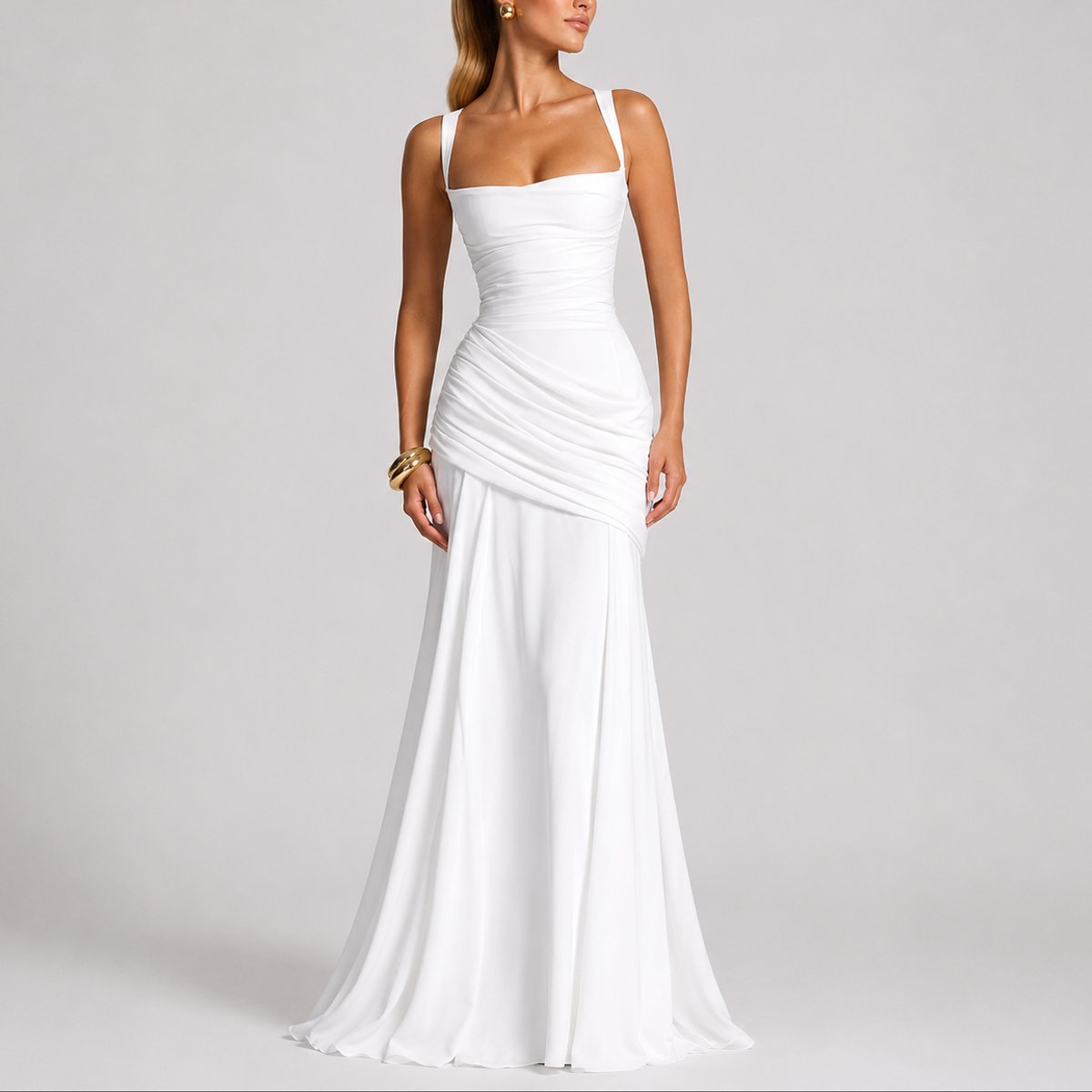Square-Neck Ruched Cross-Back Maxi Wedding Guest Dress in White