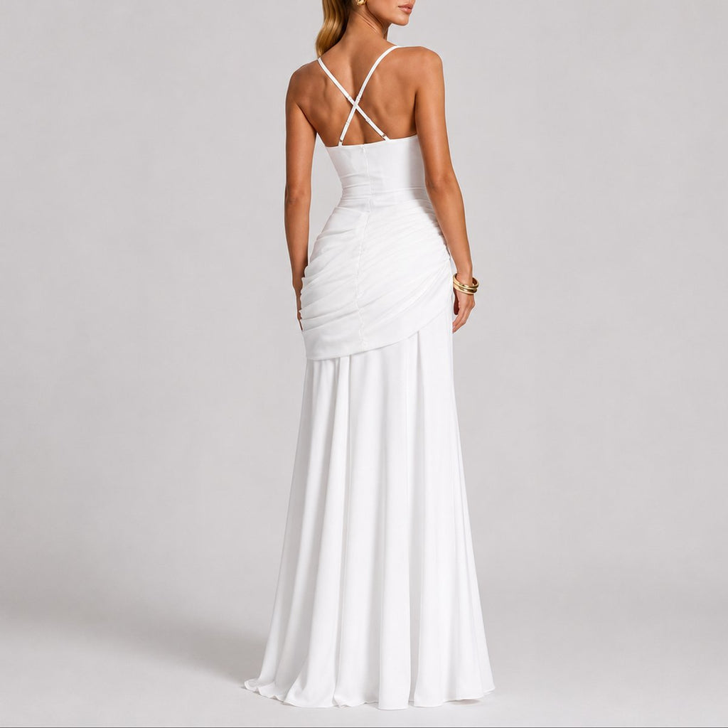 Square-Neck Ruched Cross-Back Maxi Wedding Guest Dress