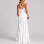 Square-Neck Ruched Cross-Back Maxi Wedding Guest Dress
