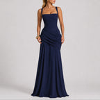 Square-Neck Ruched Cross-Back Maxi Wedding Guest Dress in Navy