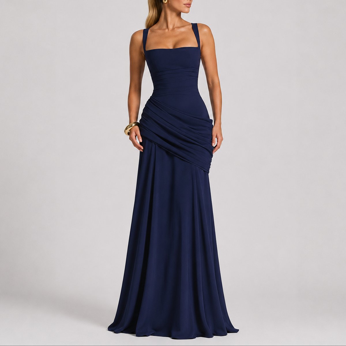 Square-Neck Ruched Cross-Back Maxi Wedding Guest Dress in Navy