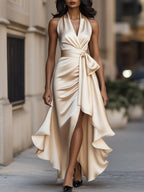 Satin Halter Wrap High-Low Ruffle Cocktail Party Dress in Champagne