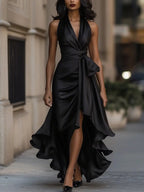 Satin Halter Wrap High-Low Ruffle Cocktail Party Dress in Black