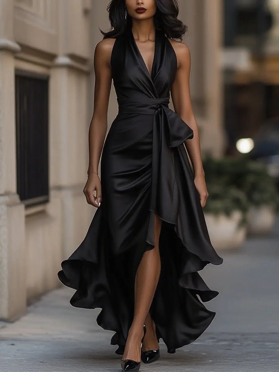Satin Halter Wrap High-Low Ruffle Cocktail Party Dress in Black