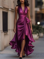 Satin Halter Wrap High-Low Ruffle Cocktail Party Dress in Fuchsia
