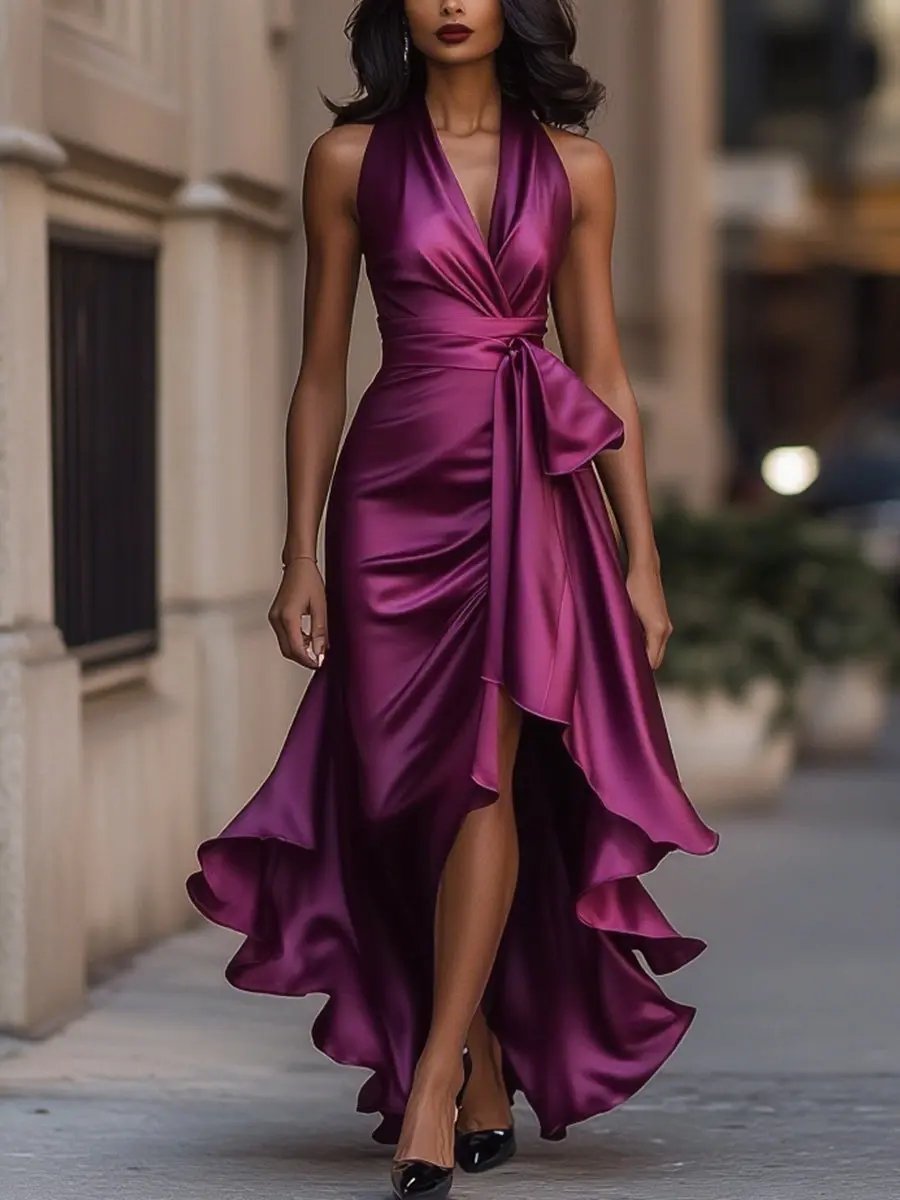 Satin Halter Wrap High-Low Ruffle Cocktail Party Dress in Fuchsia