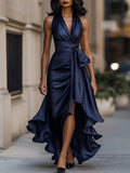 Satin Halter Wrap High-Low Ruffle Cocktail Party Dress in Navy