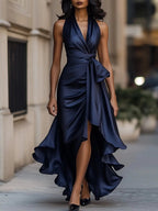 Satin Halter Wrap High-Low Ruffle Cocktail Party Dress in Navy