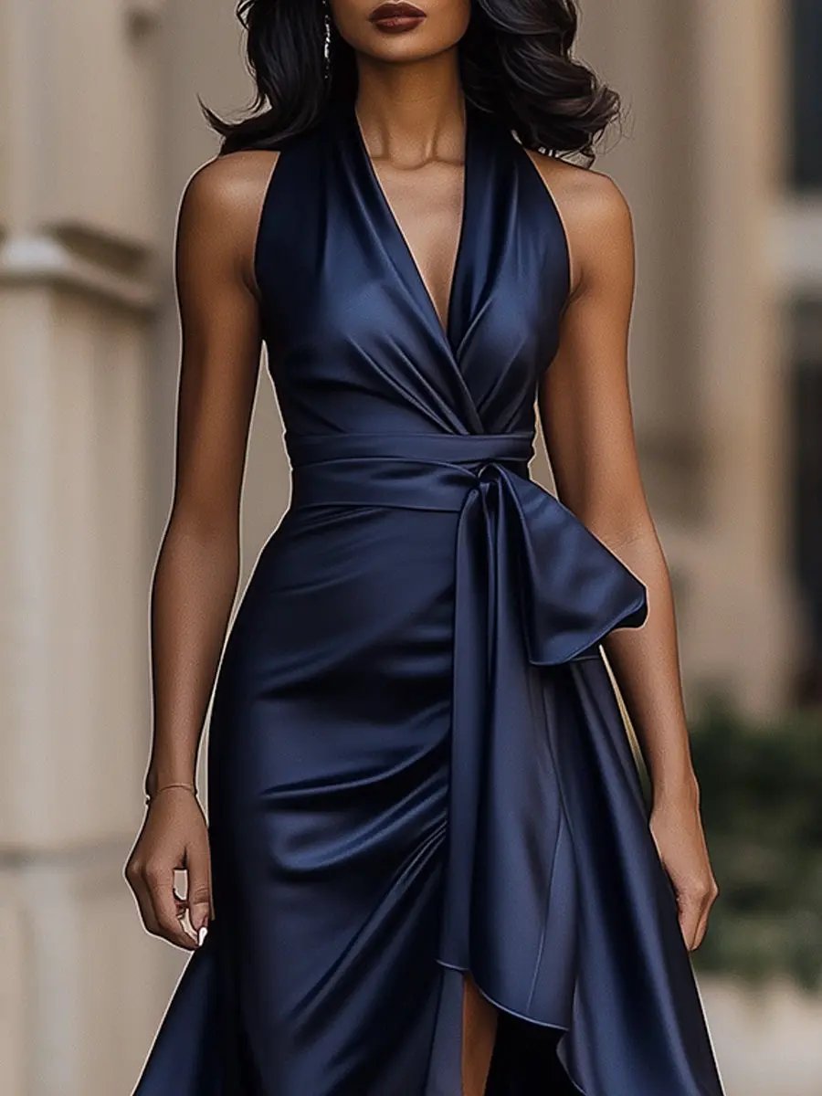 Satin Halter Wrap High-Low Ruffle Cocktail Party Dress