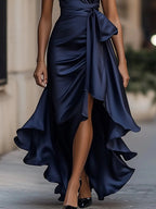 Satin Halter Wrap High-Low Ruffle Cocktail Party Dress