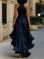 Satin Halter Wrap High-Low Ruffle Cocktail Party Dress