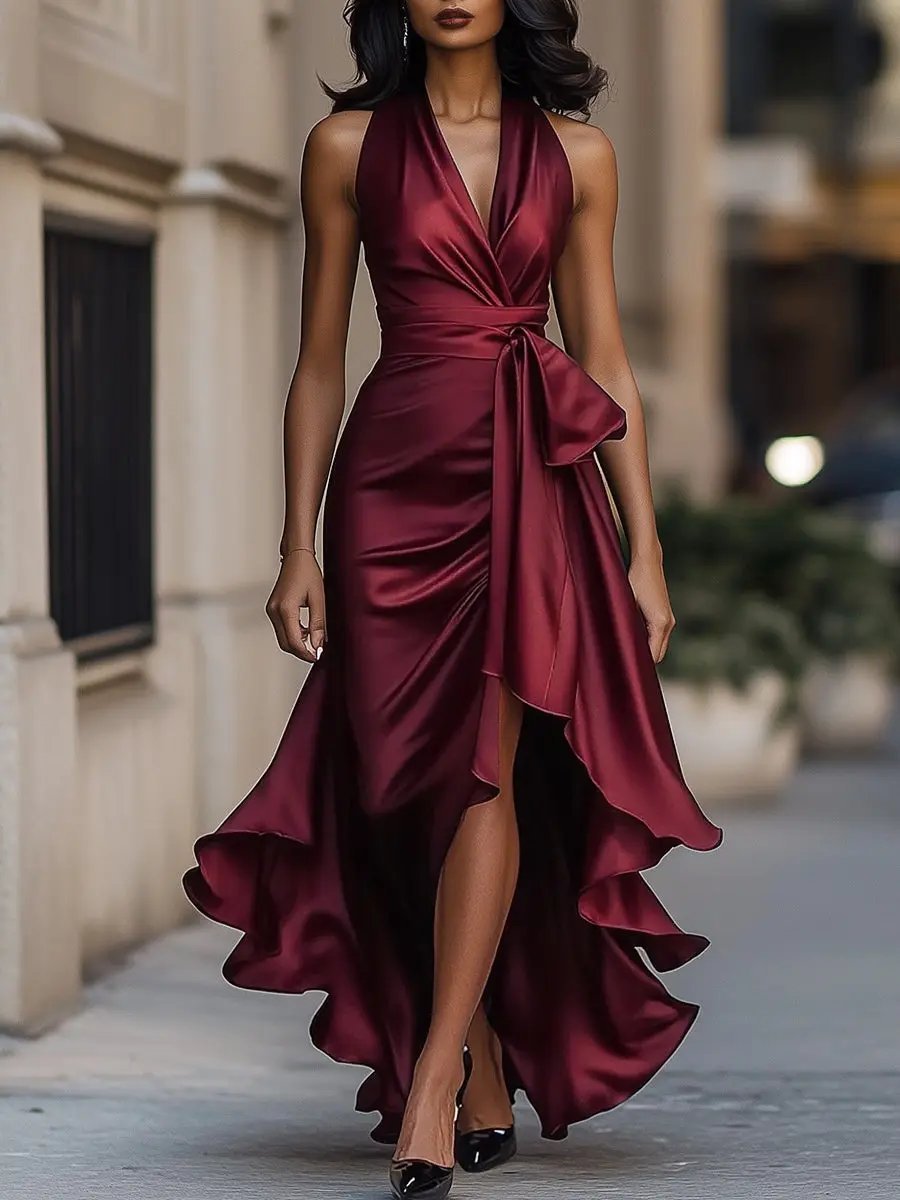 Satin Halter Wrap High-Low Ruffle Cocktail Party Dress in Burgundy