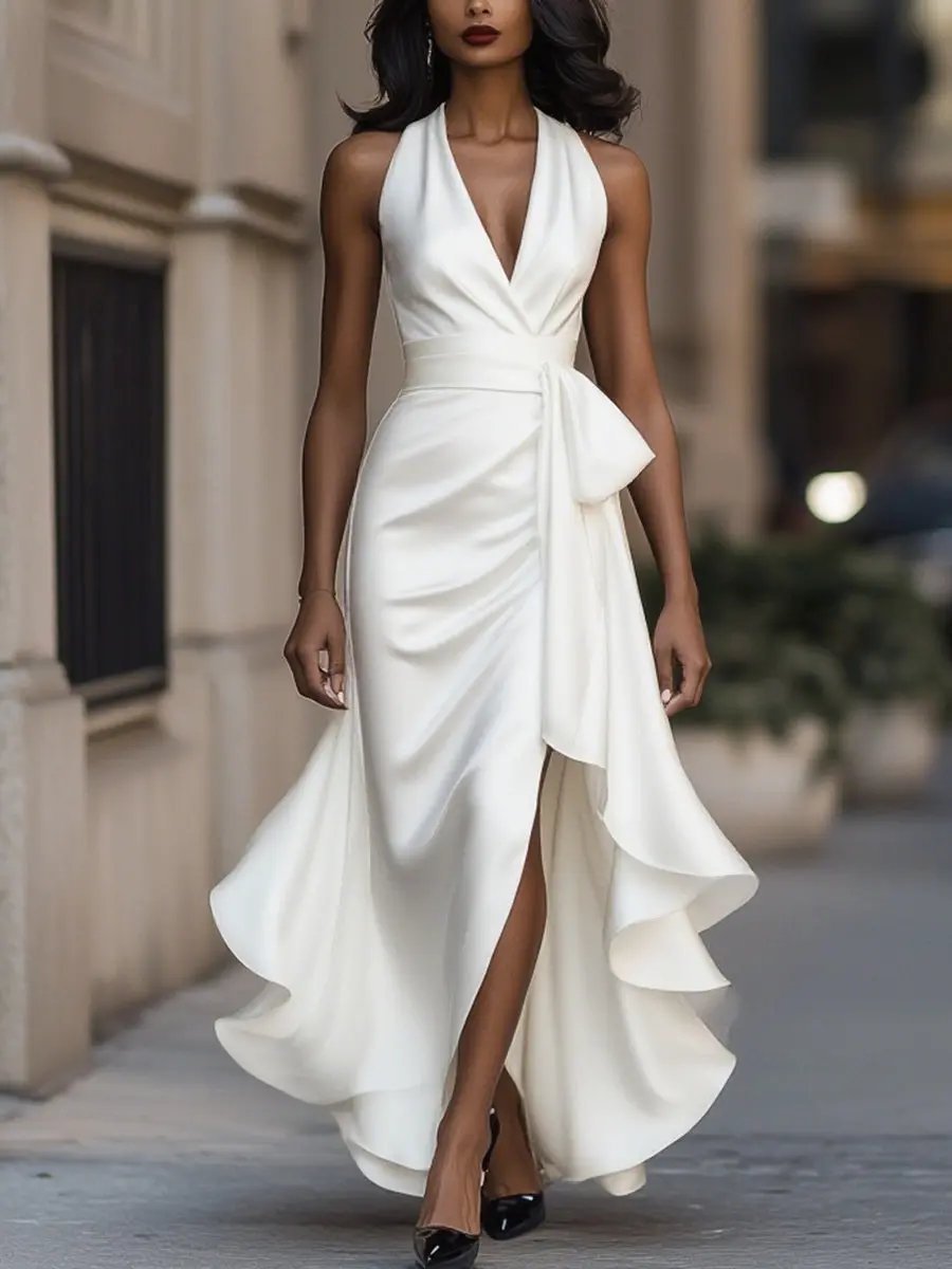 Satin Halter Wrap High-Low Ruffle Cocktail Party Dress in White
