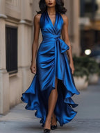 Satin Halter Wrap High-Low Ruffle Cocktail Party Dress in Royal Blue